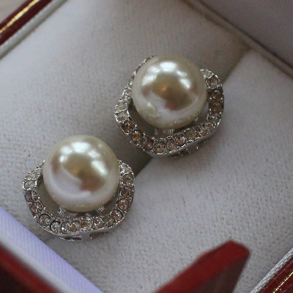 Pearl and CZ halo cluster stud earrings